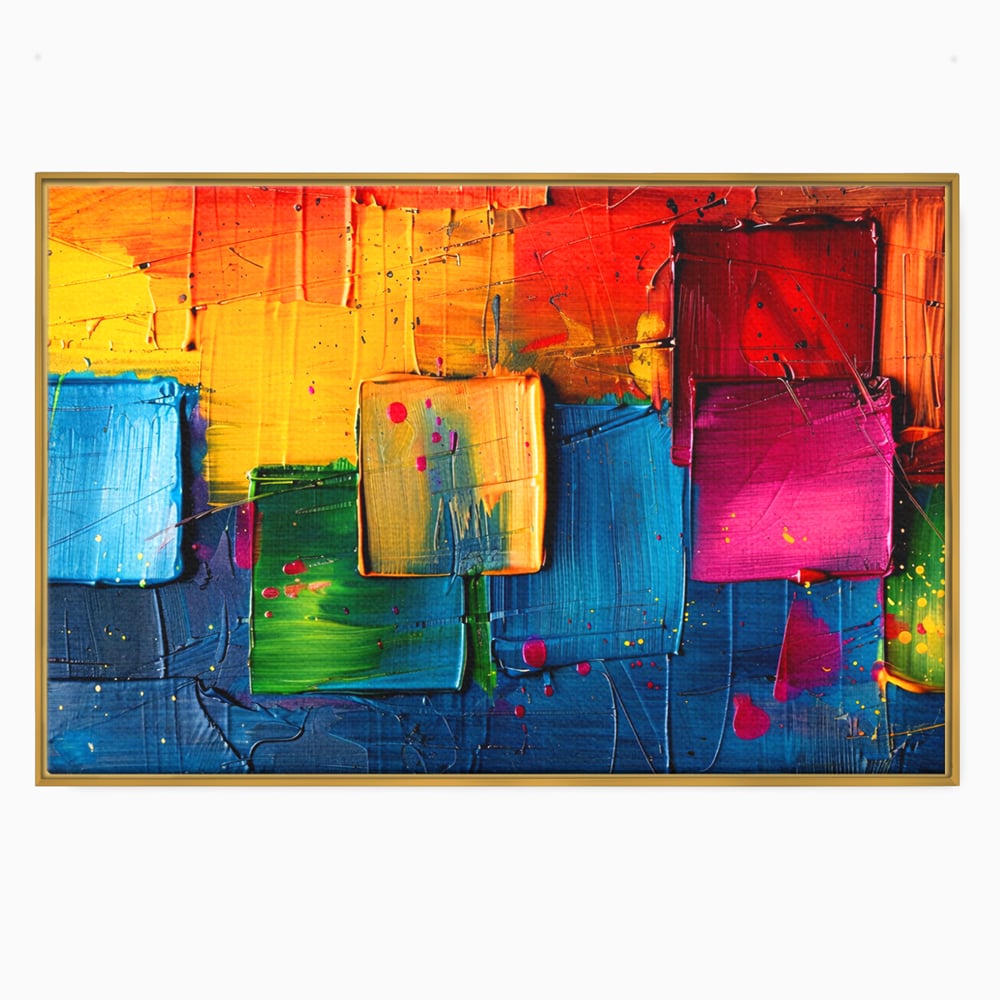 Tablou canvas cu pictura abstracta cu patrate colorate in relief, in rama de aluminiu auriu